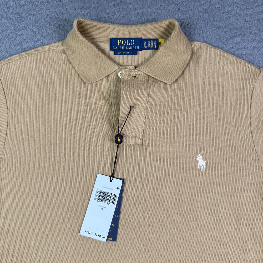 Polo Ralph Lauren Mesh Pique Polo Shirt Mens S Tan Custom Slim Fit Pony NEW